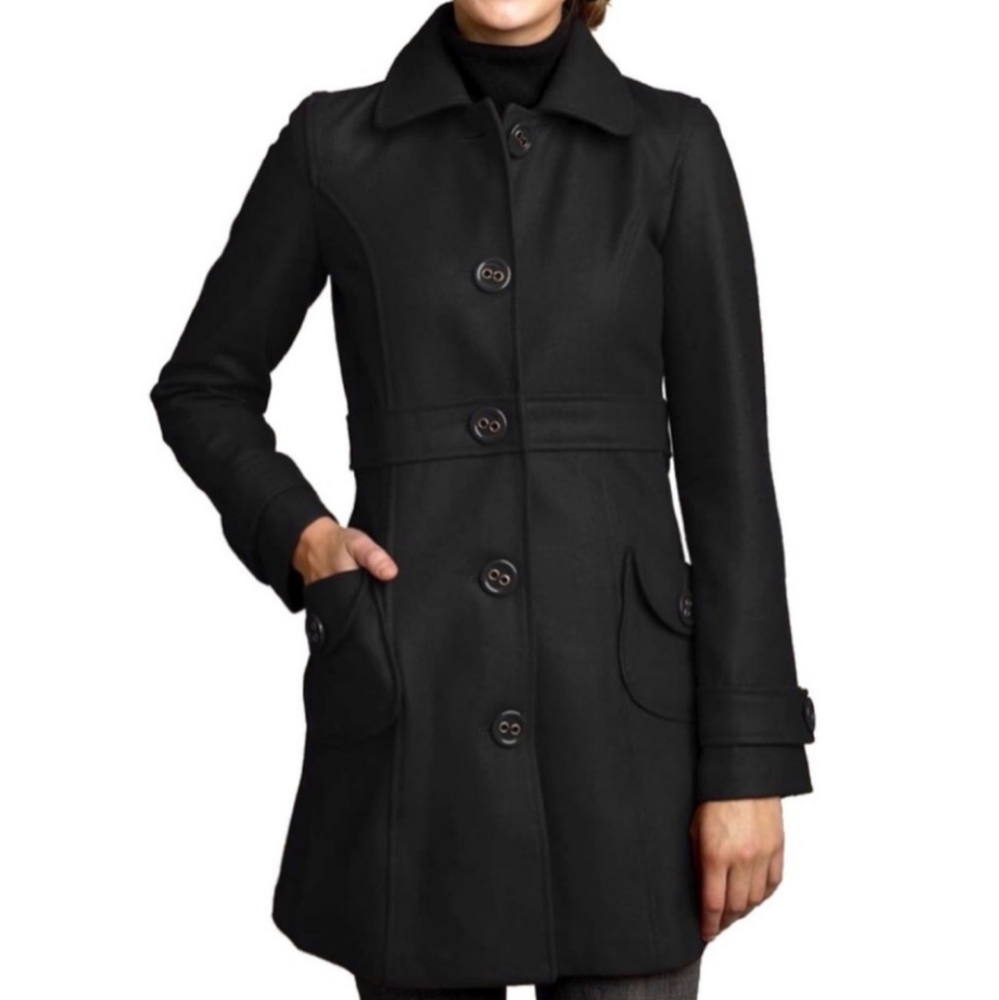 Anthropologie Tulle Wool Blend Pea Coat Black L